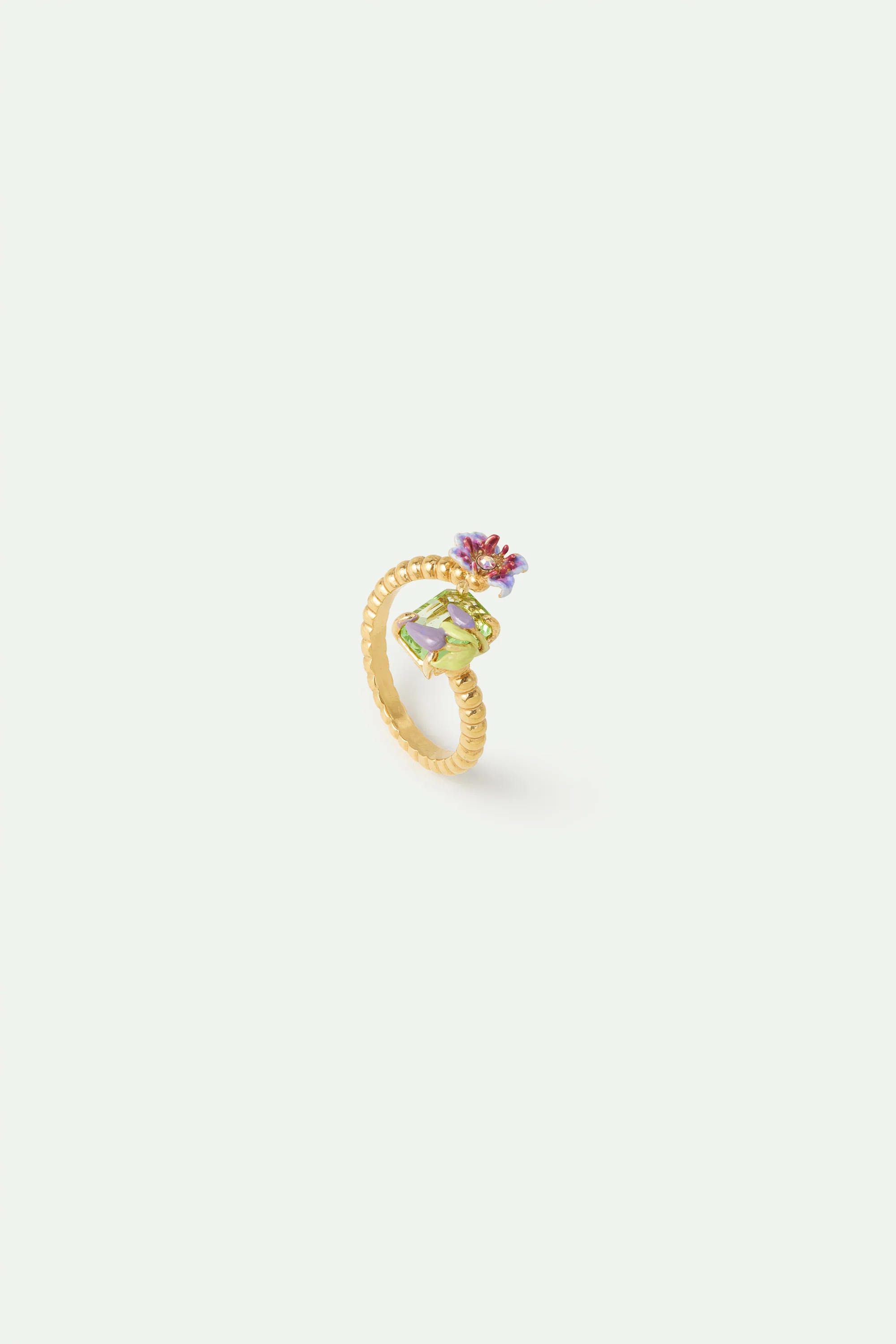 Bague ajustable clématite violette et pierre verte taille émeraude
