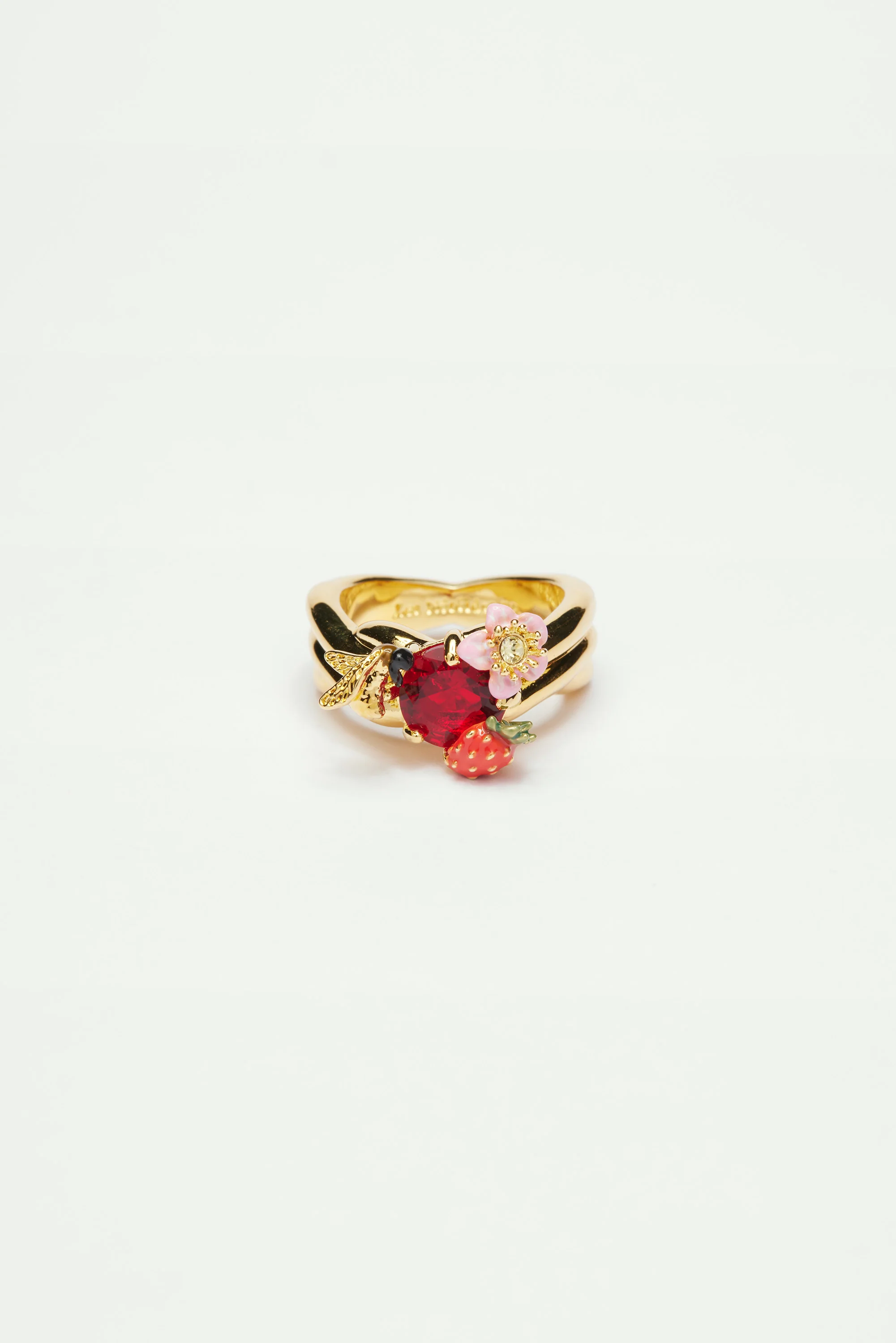 Bague cocktail fraise des bois, bourdon et pierre ronde - Image 2