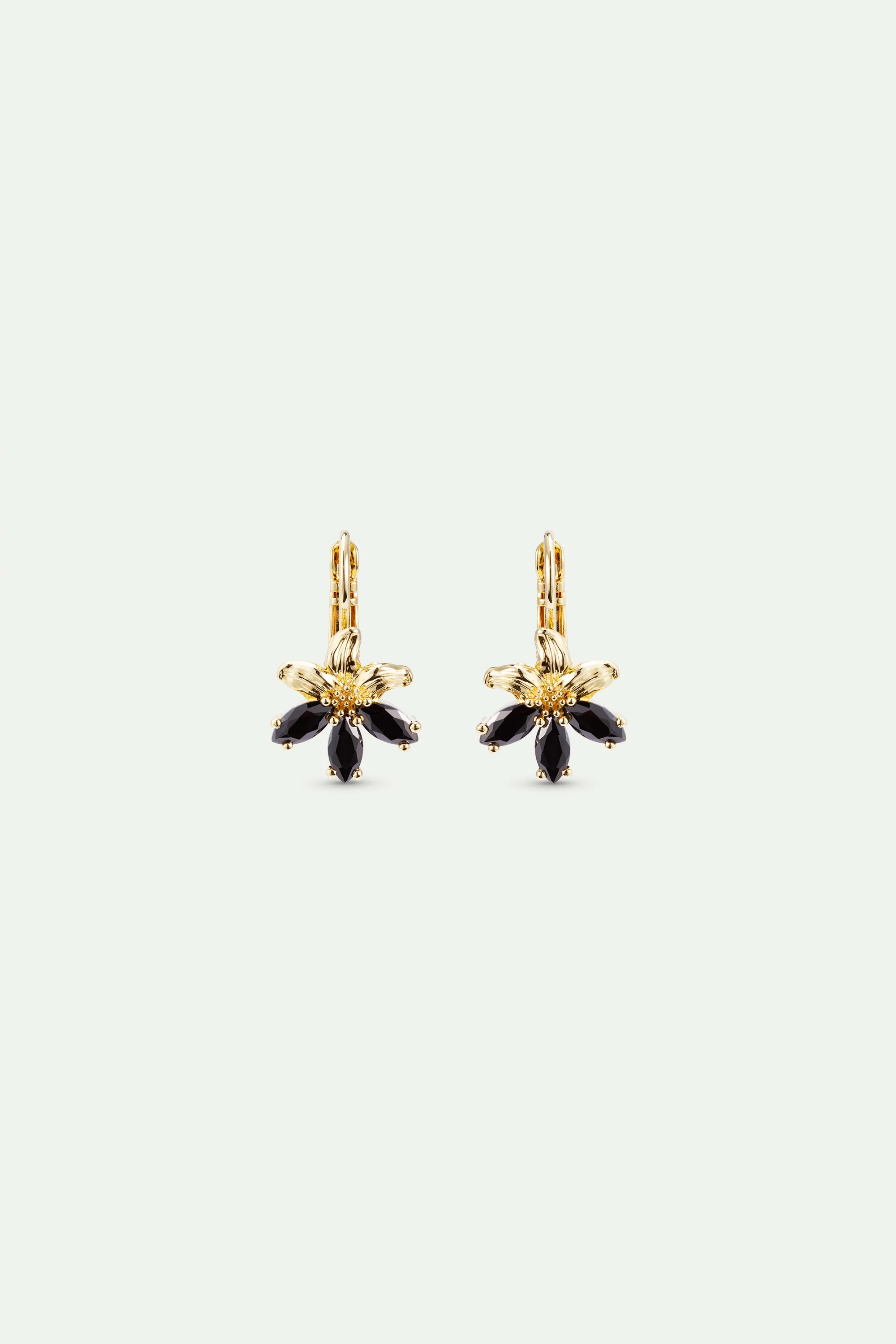 Boucles d'oreilles dormeuses dorées lys et pierres noires