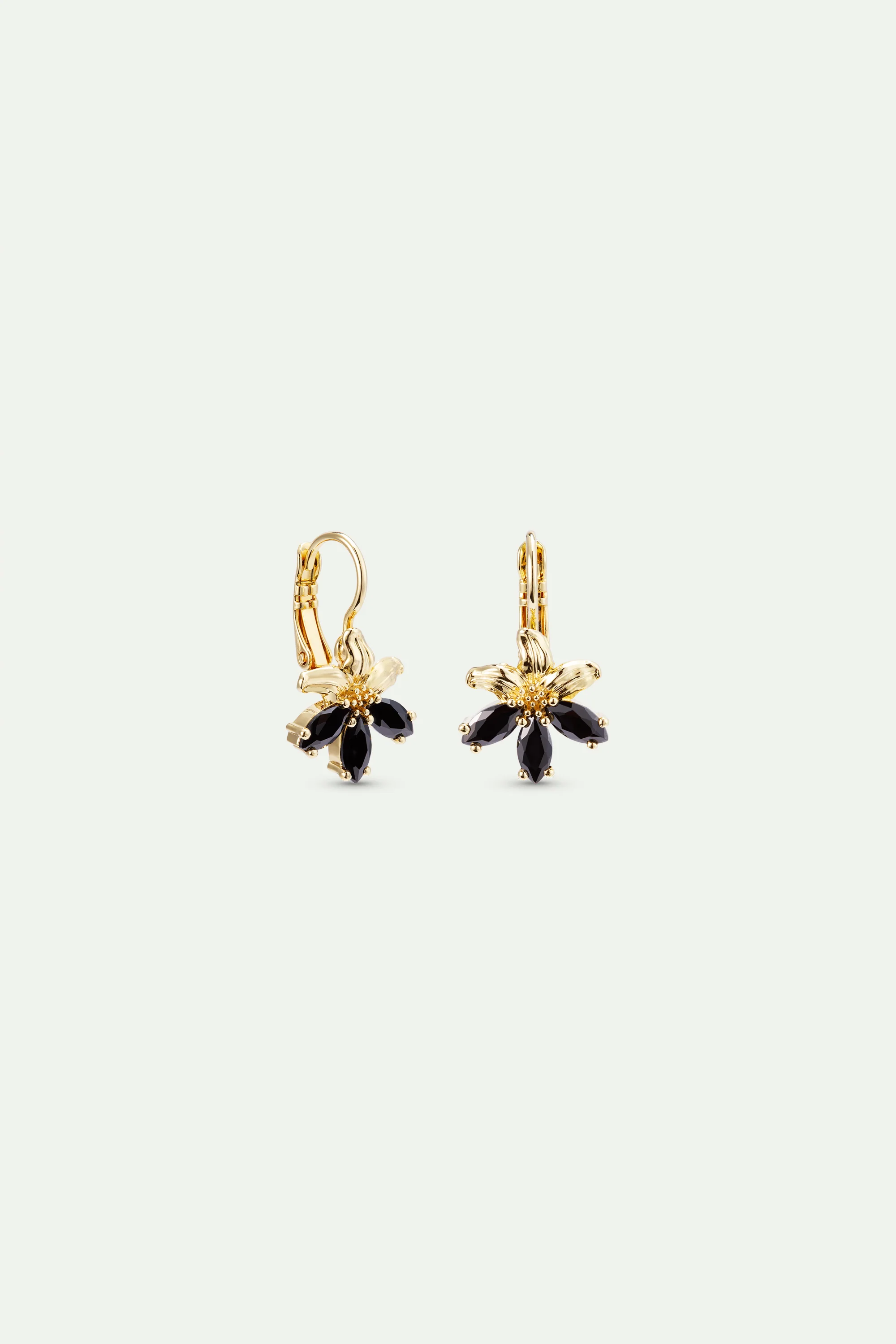 Boucles d'oreilles dormeuses dorées lys et pierres noires - Image 2