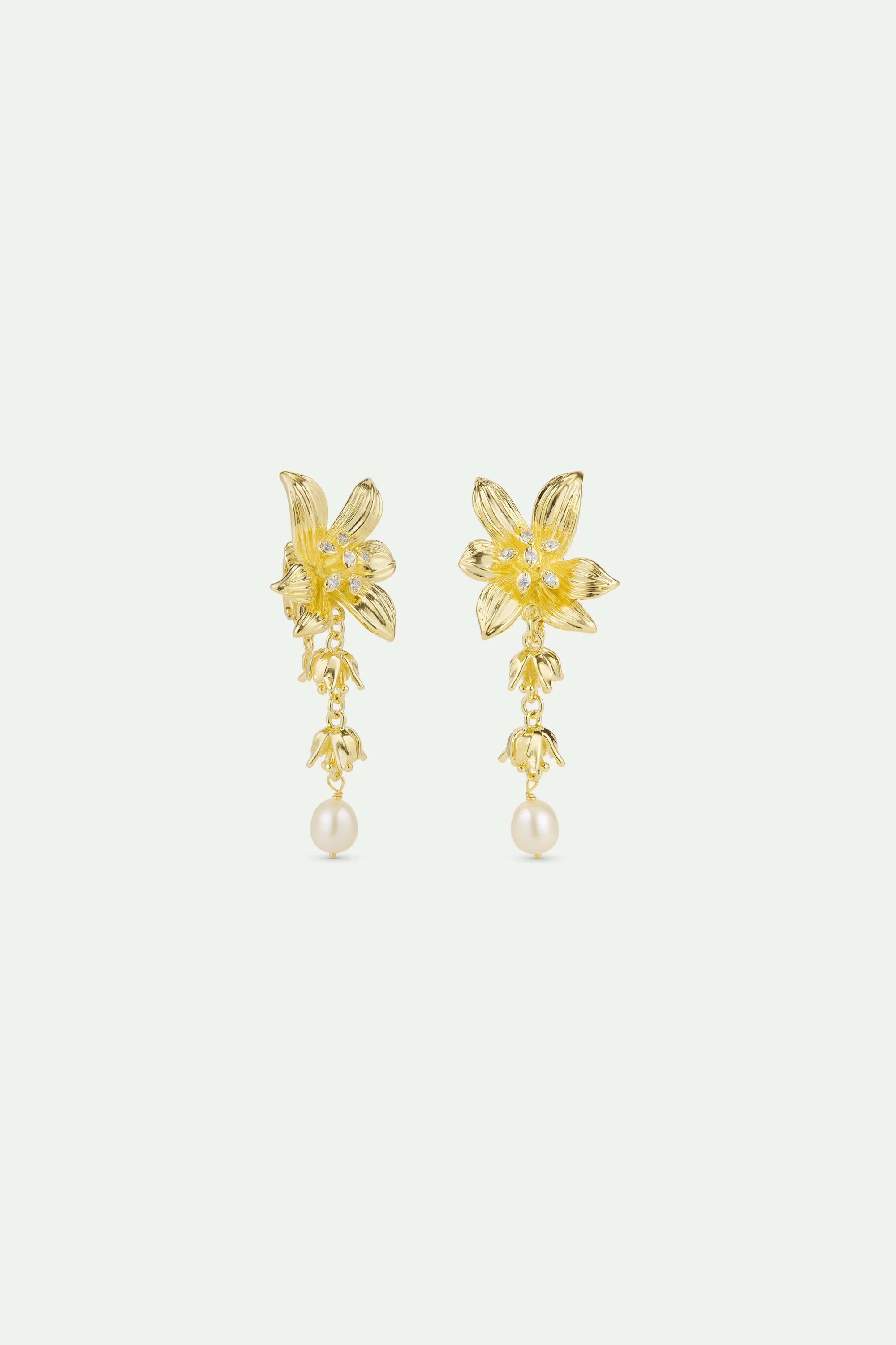 Boucles d'oreilles pendantes dorées fleur de lys et perle de culture - Image 4