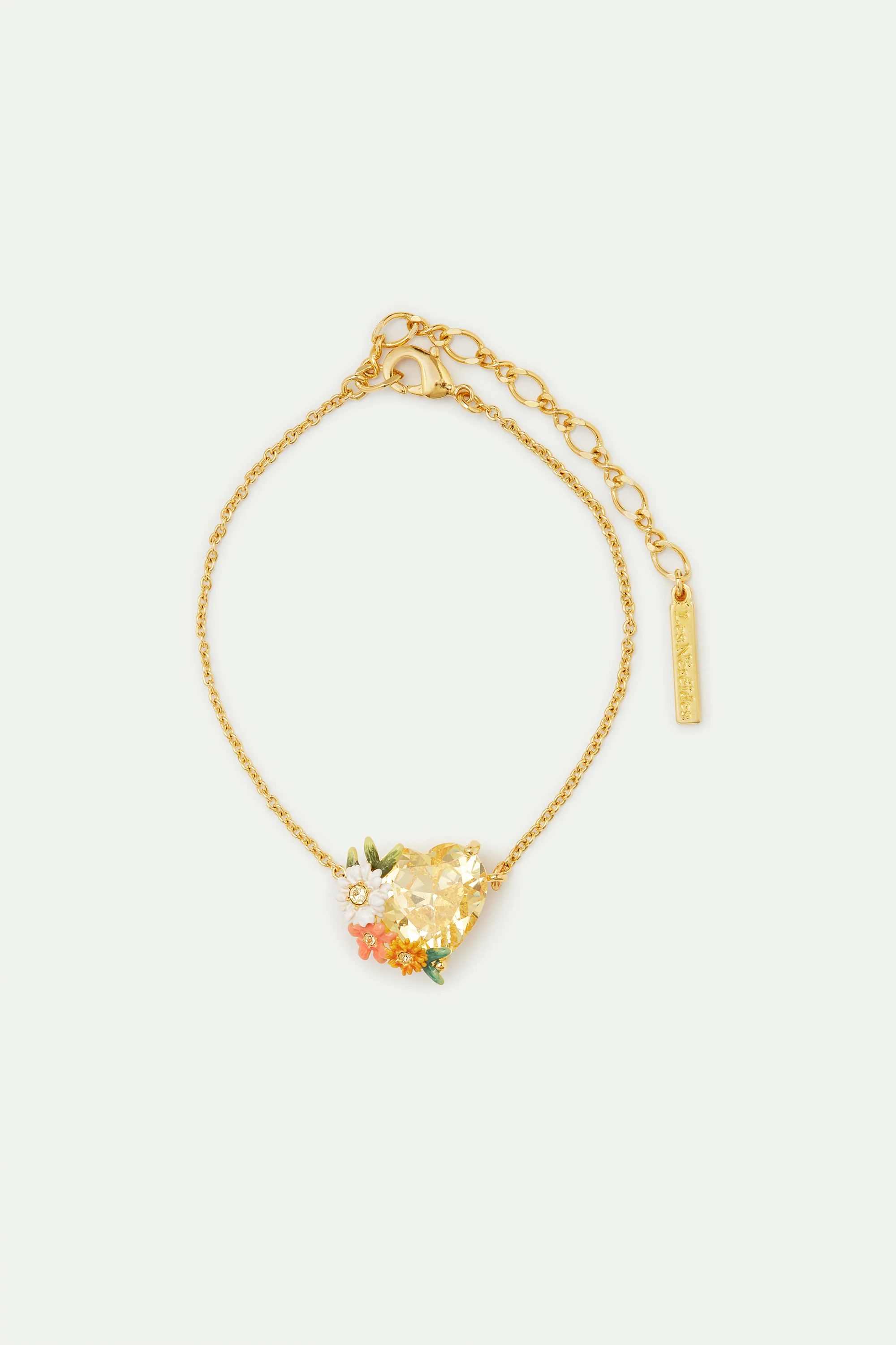 Bracelet fin cœur jaune, fleurs zinnias et pâquerettes