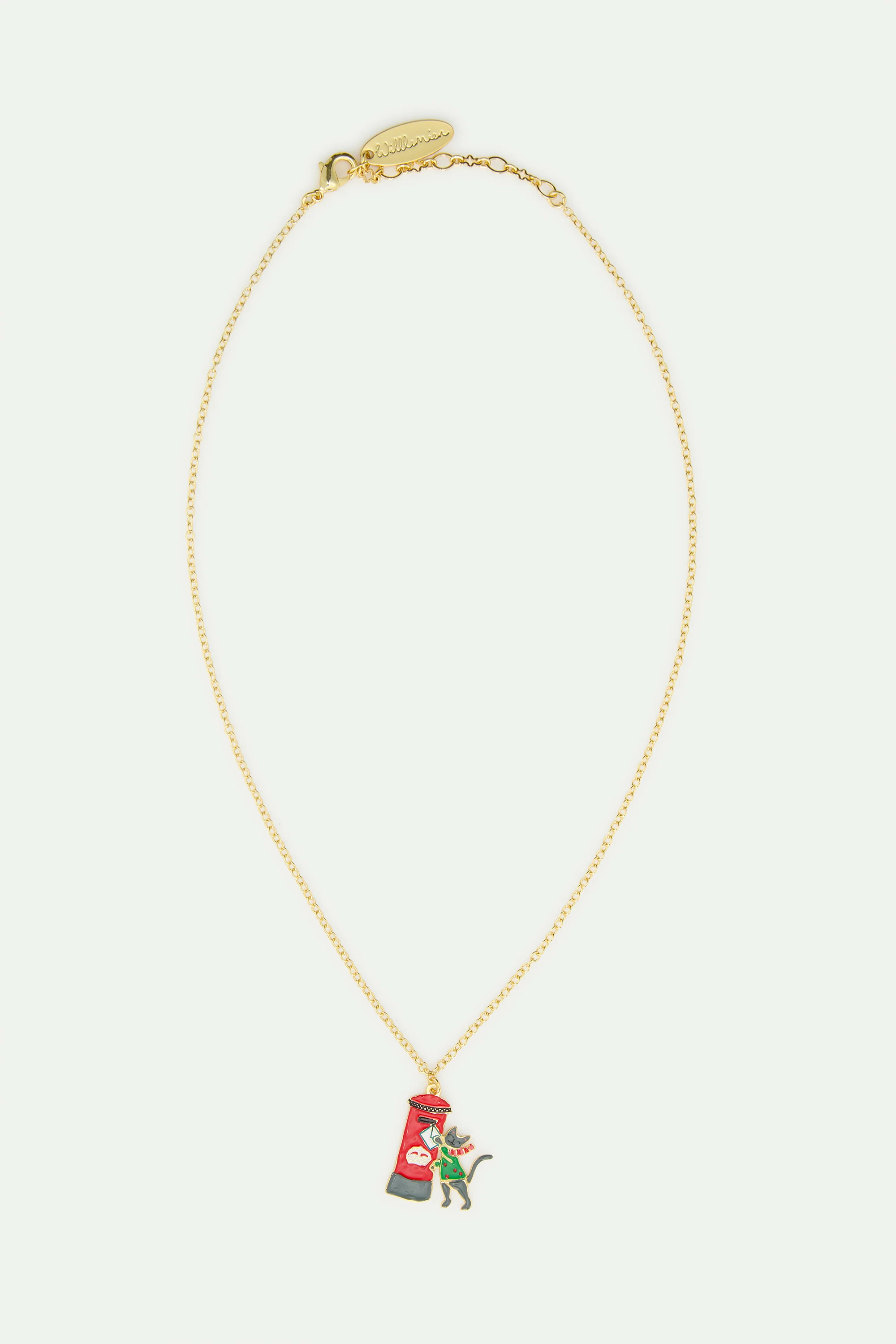 Collier pendentif boîte aux lettres rouge londonienne,courriel, chat gris et pull vert - Image 3