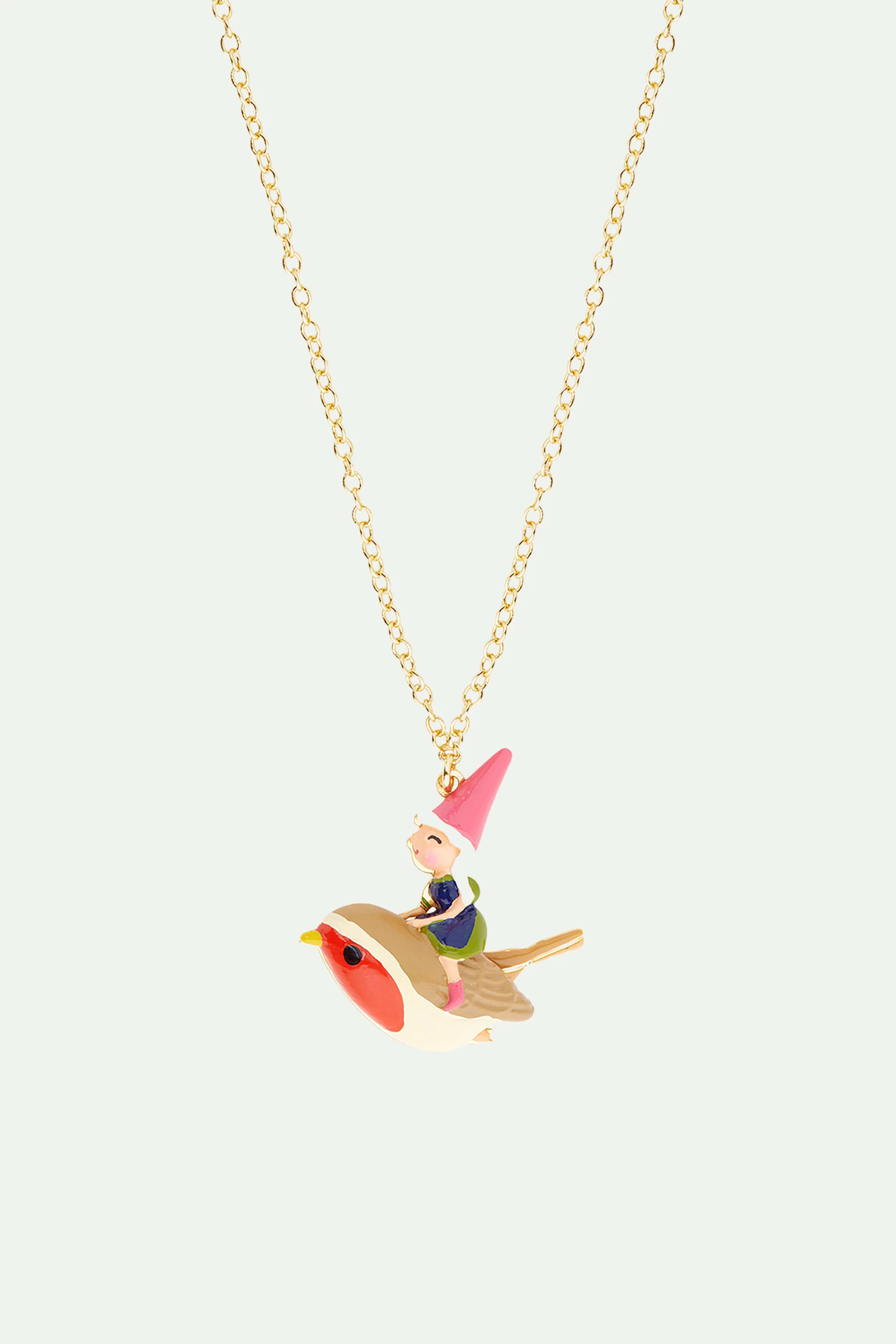 Collier pendentif naine de jardin et escapade à dos d’oiseau
